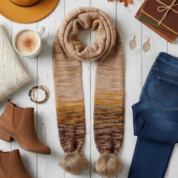 Frye Accessories - Frye Camel Multi Marl Knit Faux Fur Pom Pom Scarf